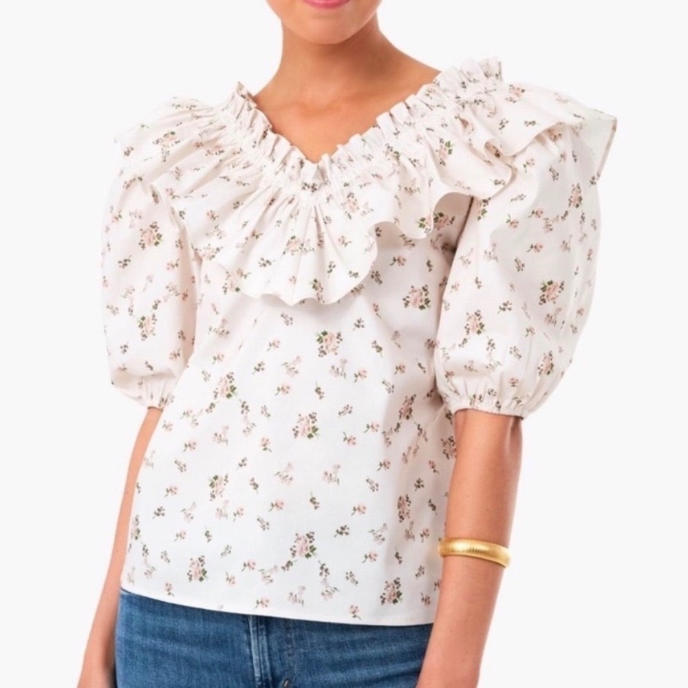 Tuckernuck Hyacinth House Charlotte Ruffle V-Neck Top Floral Puff Sleeve - Small